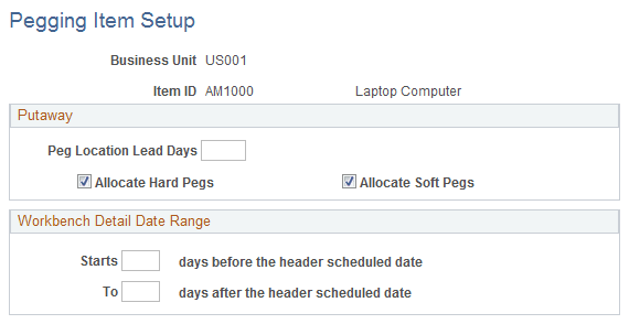Pegging Item Setup page