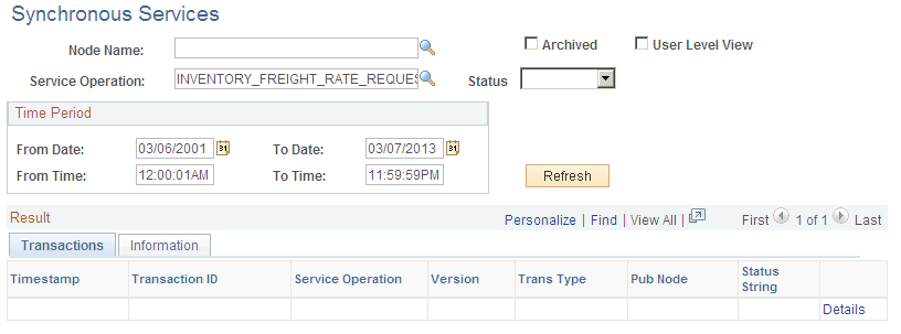 The Service Operations Monitor page for Synchronous services