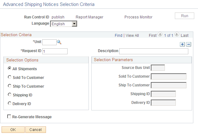 Advanced Shipping Notices Selection Criteria page