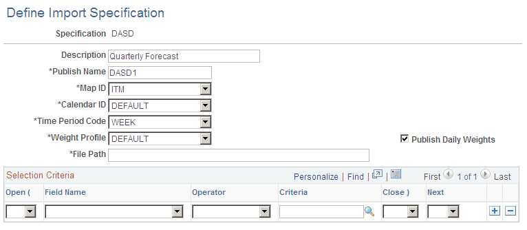 Define Import Specification page