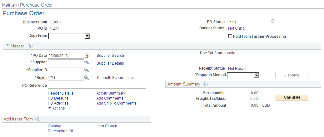 PO Header Details page