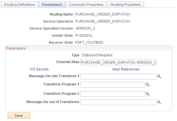Routings-Parameters page