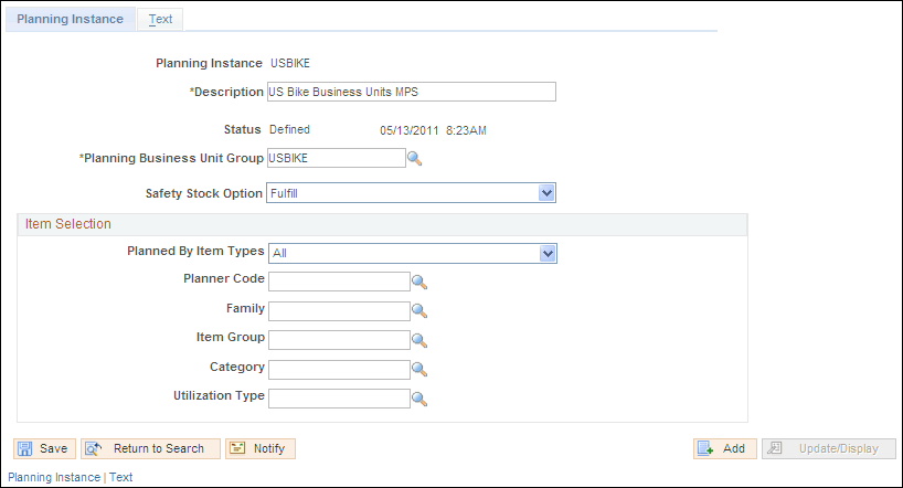 Planning Instance page