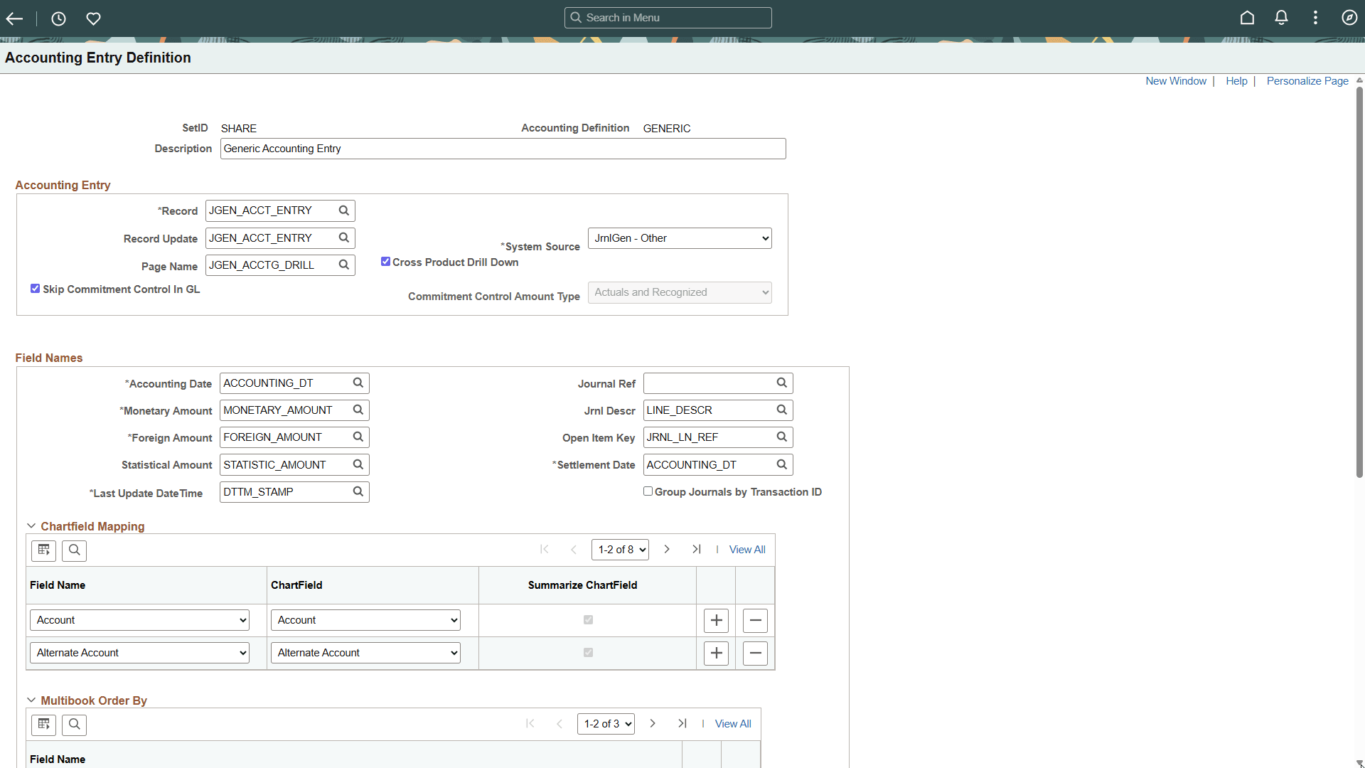 Accounting Entry Definition page (1 of 2)