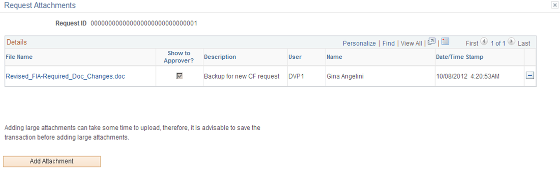 Business Request - Request Attachments page Business Request - Request Attachments page