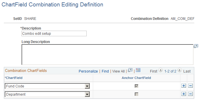 ChartField Combination Editing Definition page ChartField Combination Editing Definition page