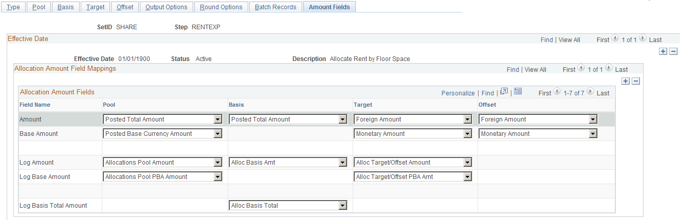 Define Allocation Step - Amount Fields page Define Allocation Step - Amount Fields page