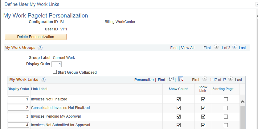 Define User My Work Links – My Work Pagelet Personalization page