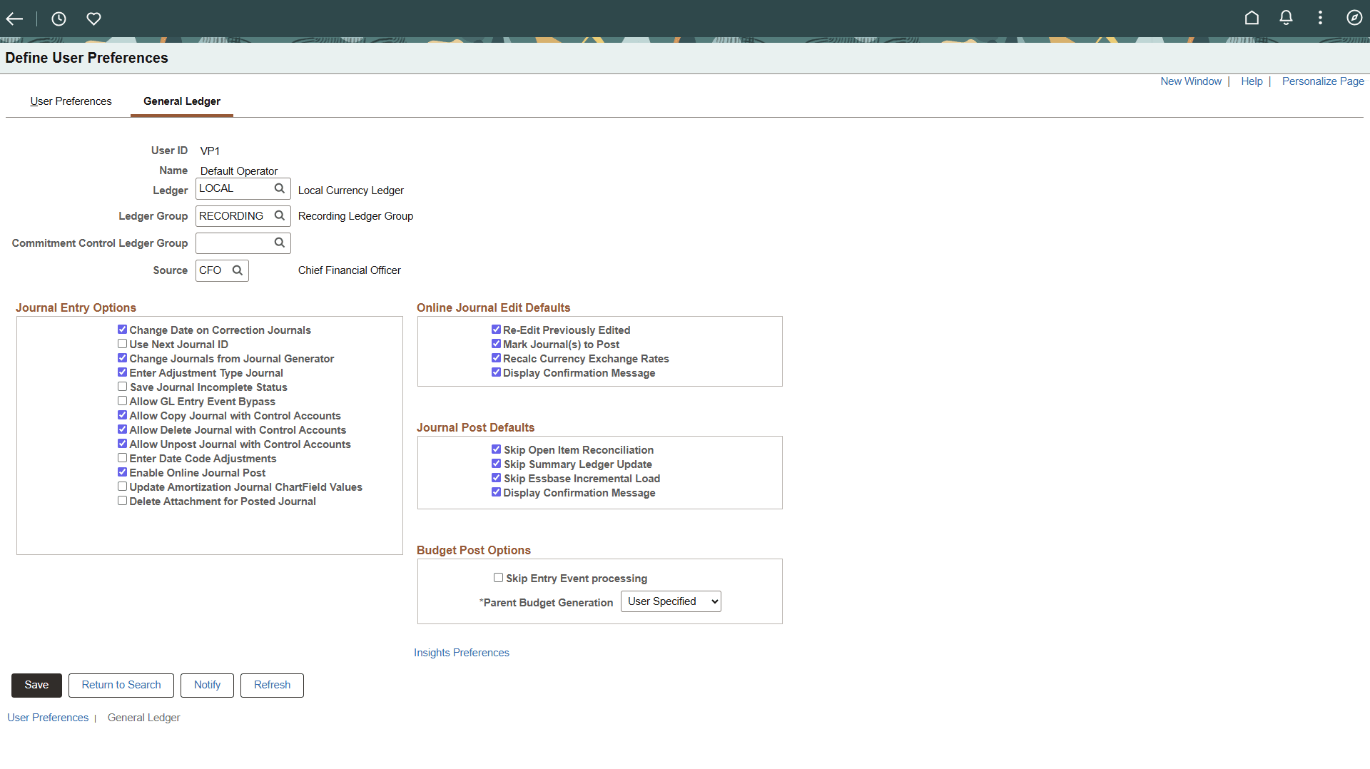 Define User Preferences - General Ledger