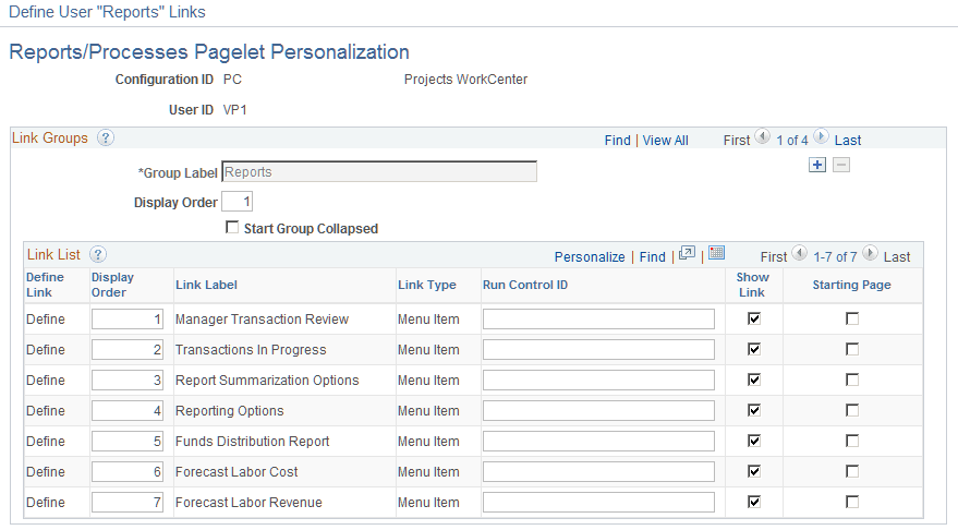 Define User Reports Links - Reports Processes Pagelet Personalization page Define User Reports Links - Reports Processes Pagelet Personalization page