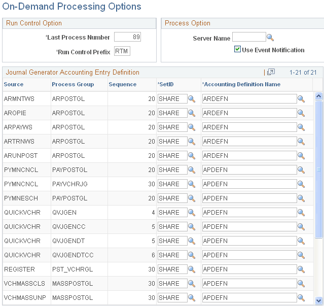 On-Demand Processing Options page On-Demand Processing Options page