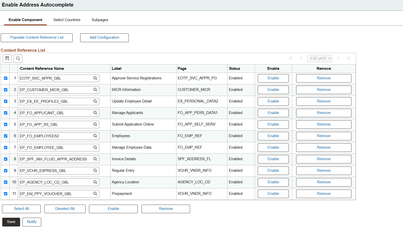 Enable Component page
