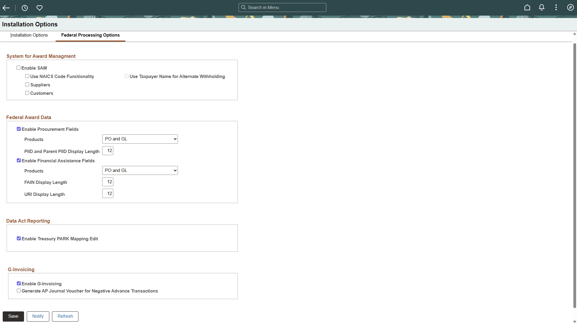 Federal Processing Options page Federal Processing Options page