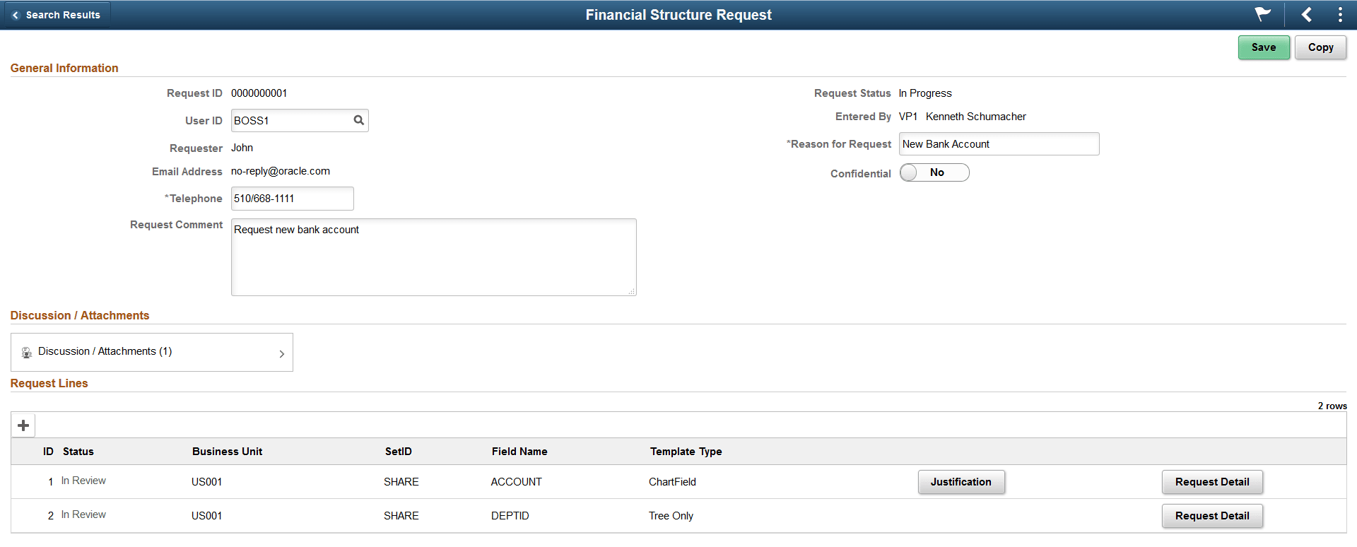 Financial Structure Request page Financial Structure Request page