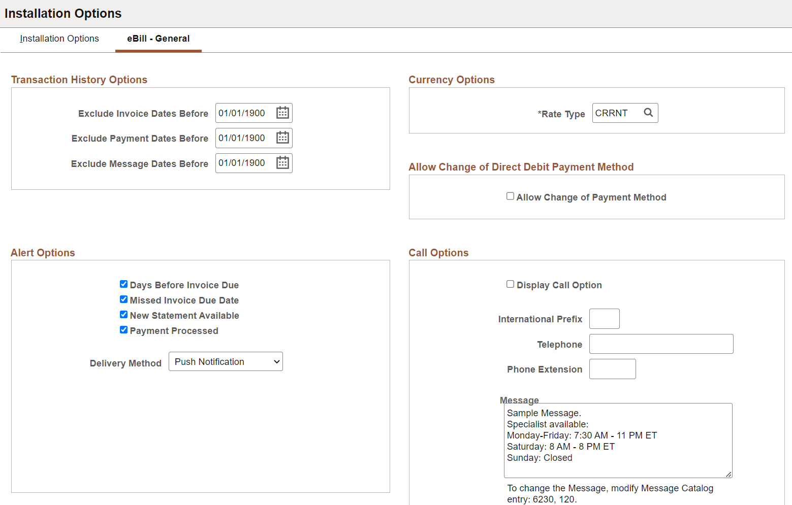 Installation Options, eBill - General page Installation Options, eBill - General page