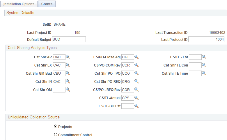 Installation Options - Grants page Installation Options - Grants page