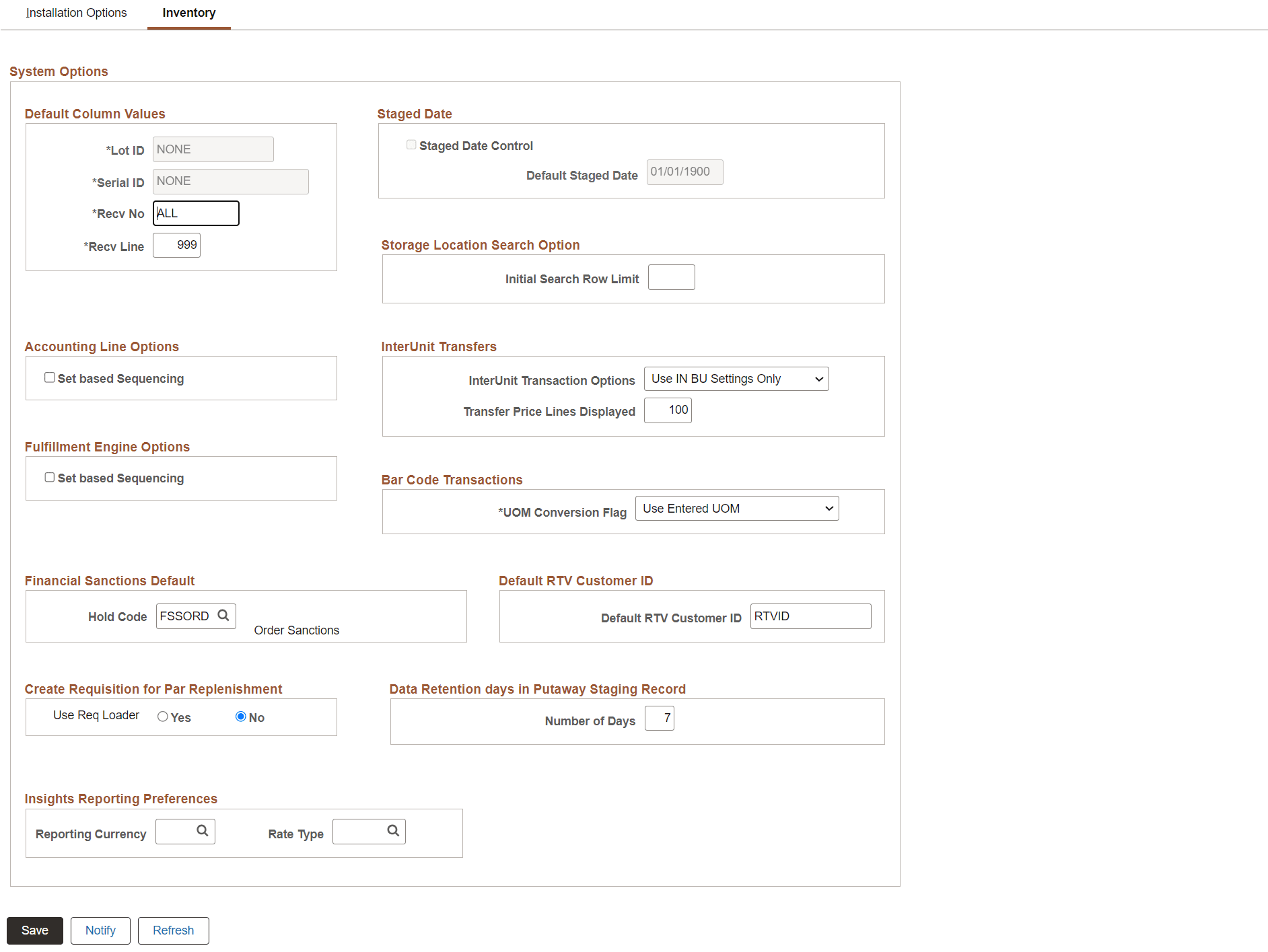 Installation Options Inventory Installation Options Inventory