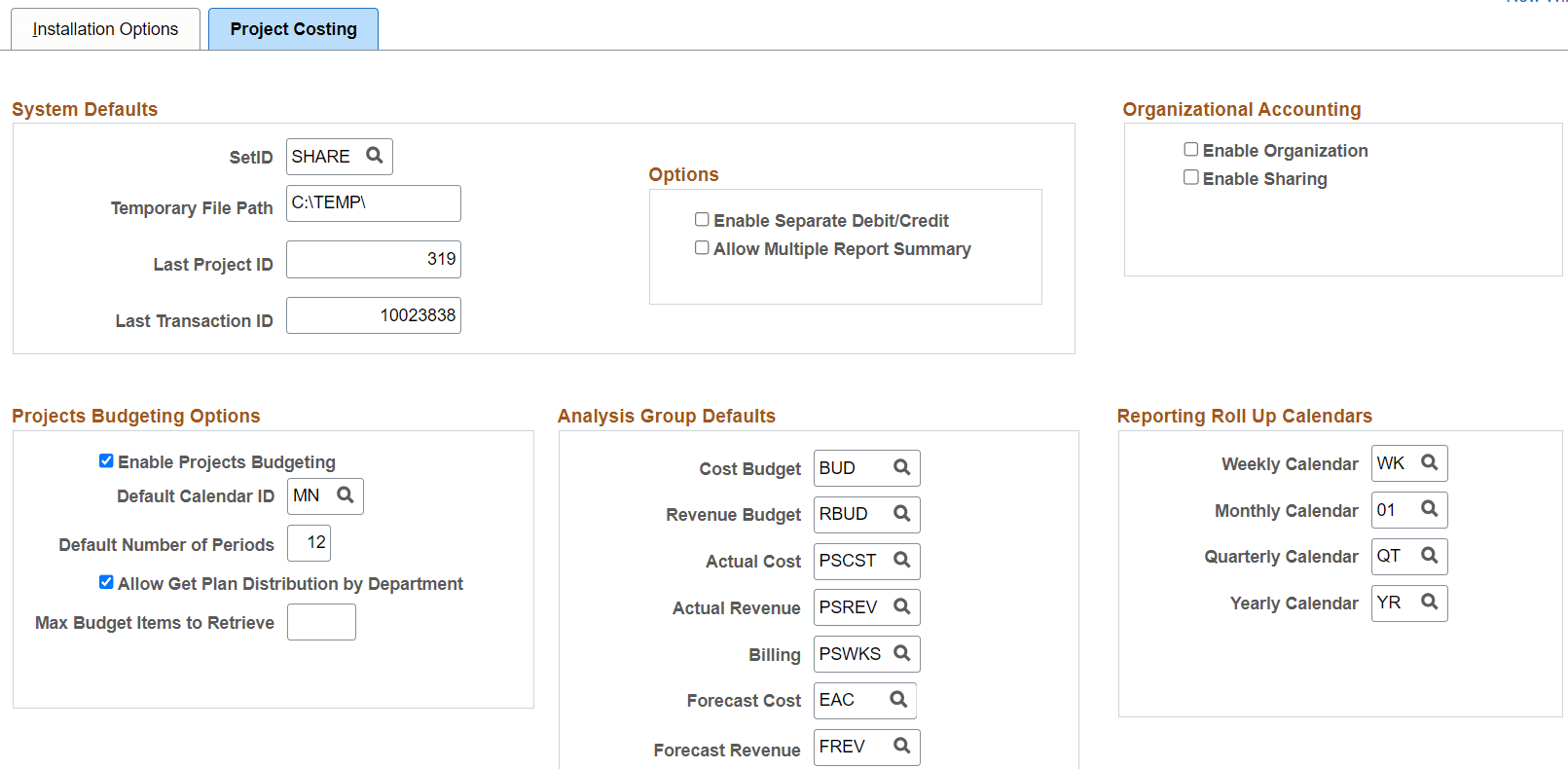 Installation Options - Project Costing Page (1 of 2) Installation Options - Project Costing Page (1 of 2)