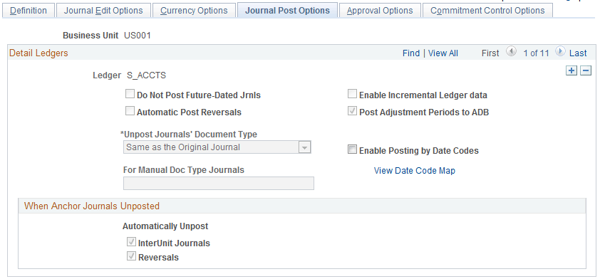 Ledgers for a Unit - Journal Post Options page Ledgers for a Unit - Journal Post Options page