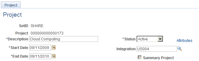 Project page - when the PeopleSoft Project Costing application is installed Project page - when the PeopleSoft Project Costing application is installed