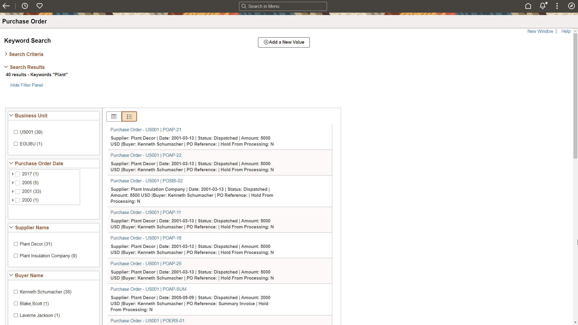 Purchase Order - Keyword Search Results- List Format Purchase Order - Keyword Search Results- List Format