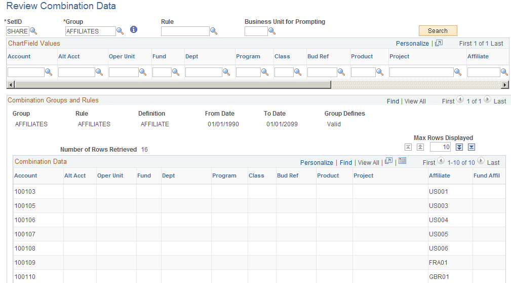 Review Combination Data page Review Combination Data page