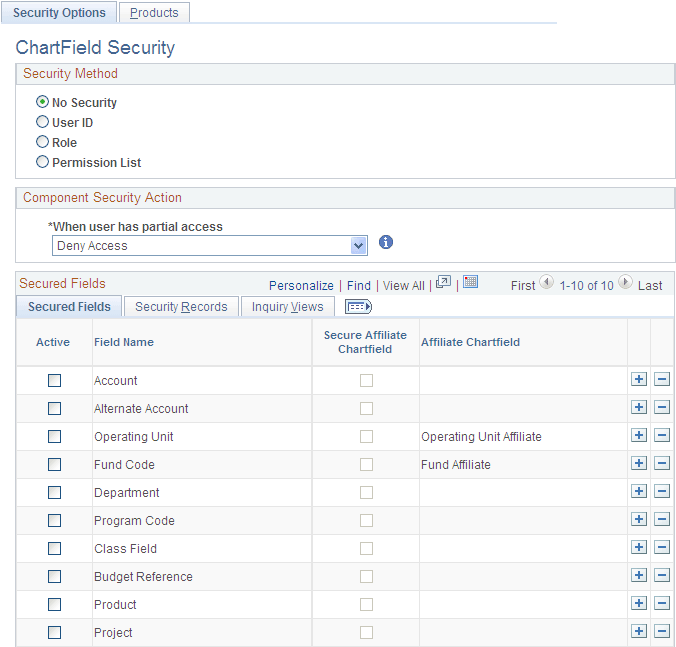 Security Options - ChartField Security page Security Options - ChartField Security page