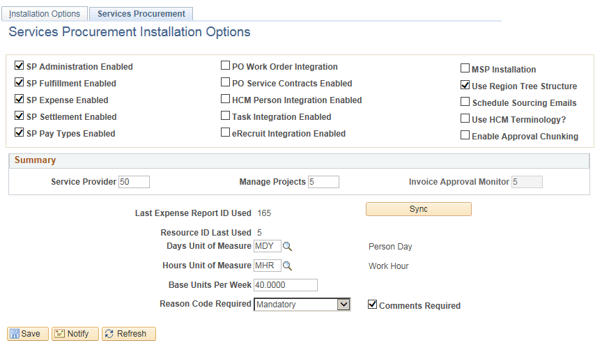 Services Procurement Installation Options page Services Procurement Installation Options page