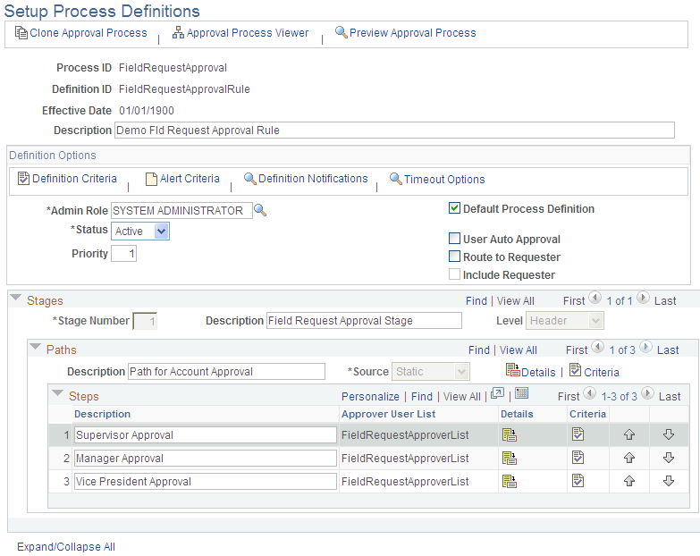 Setup Process Definitions page Setup Process Definitions page