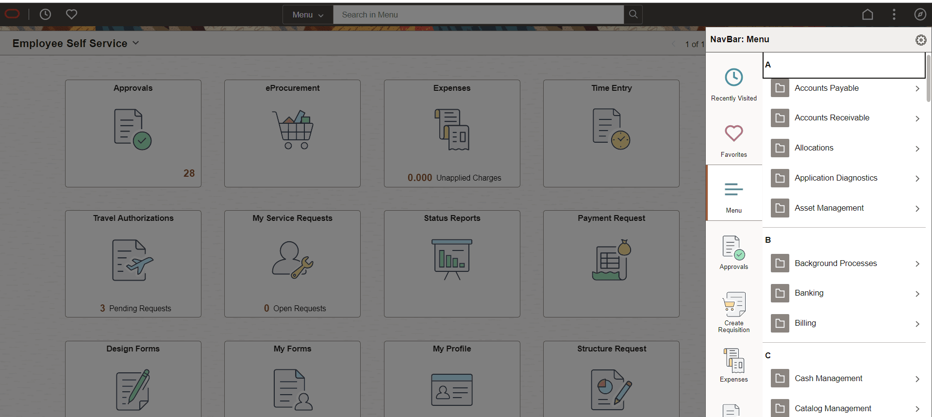 Navigator side page with PeopleSoft menu items