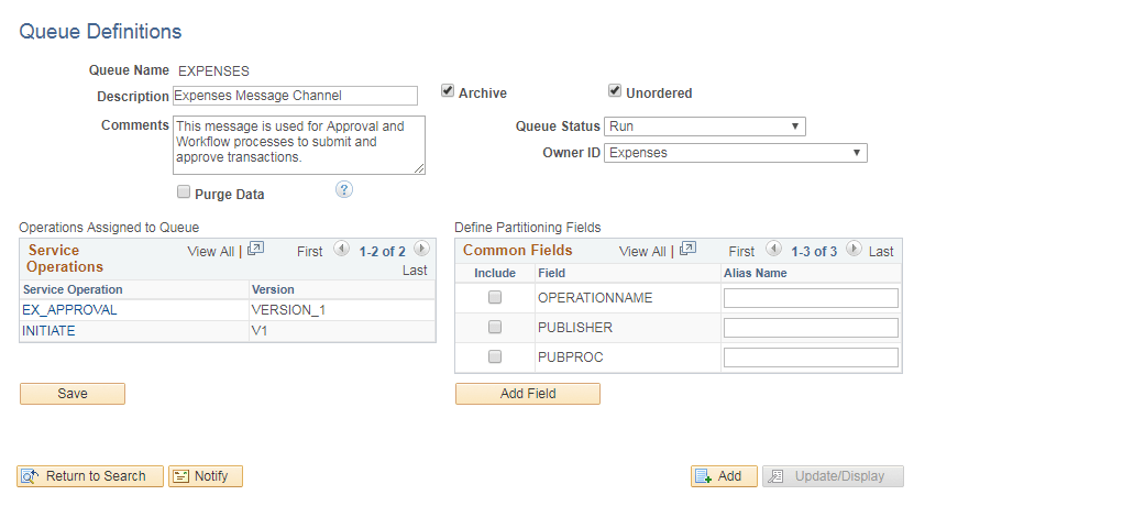 Queue Definitions page
