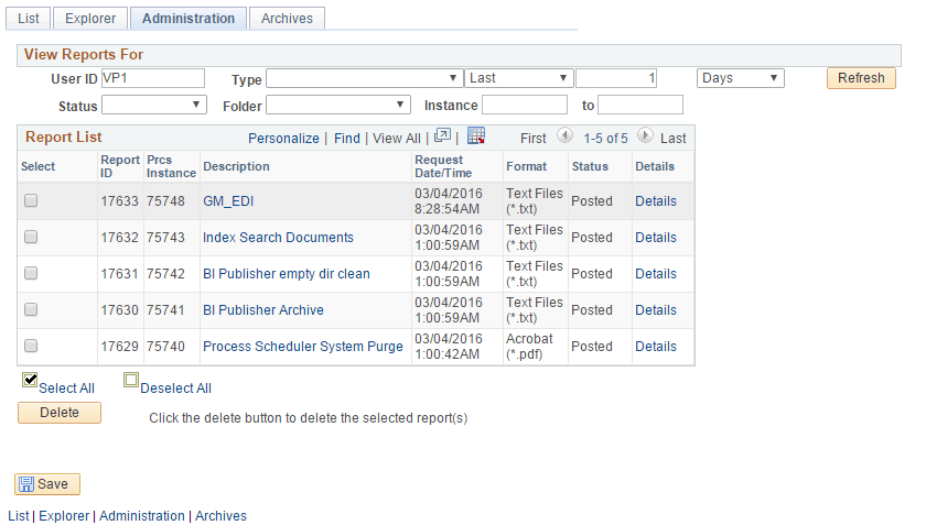 Report Manager page- Administration tab