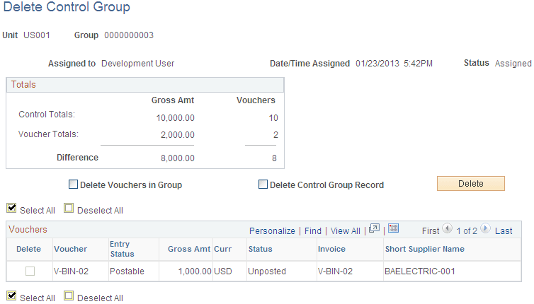 Delete Control Group page