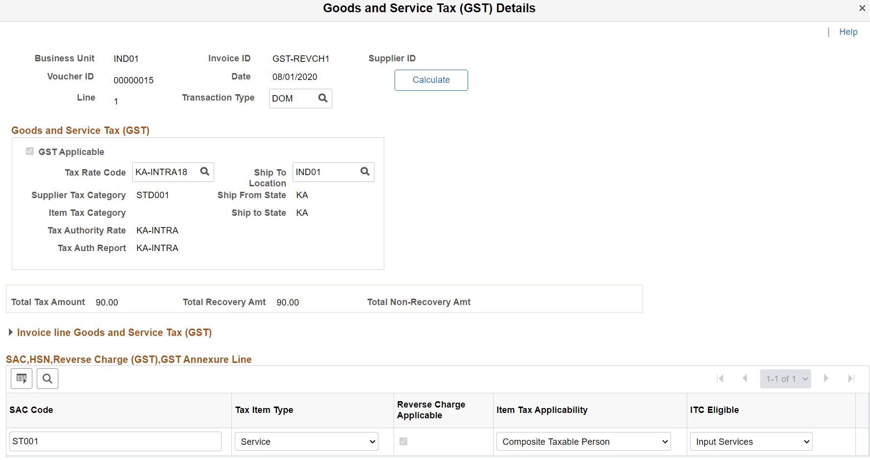 Goods and Service Tax (GST) Details page for a Regular Voucher - Reverse Charge