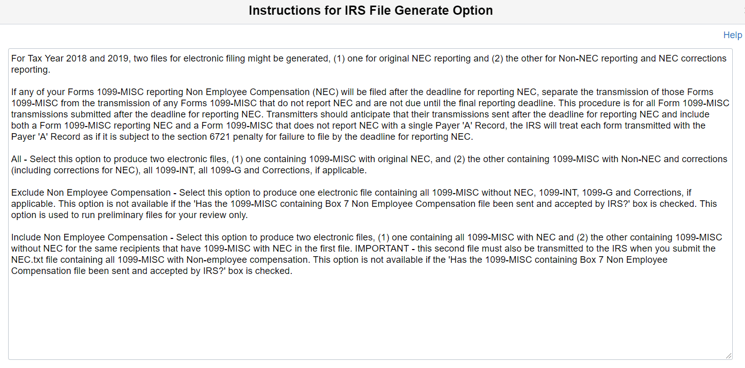 Instructions for IRS File Generate Option
