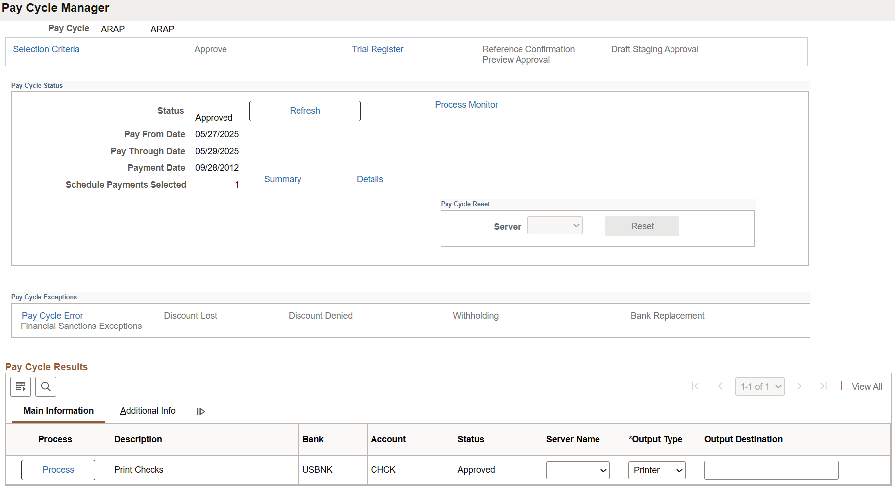 Pay Cycle Manager page after processing payment selection and creation and before processing output processes