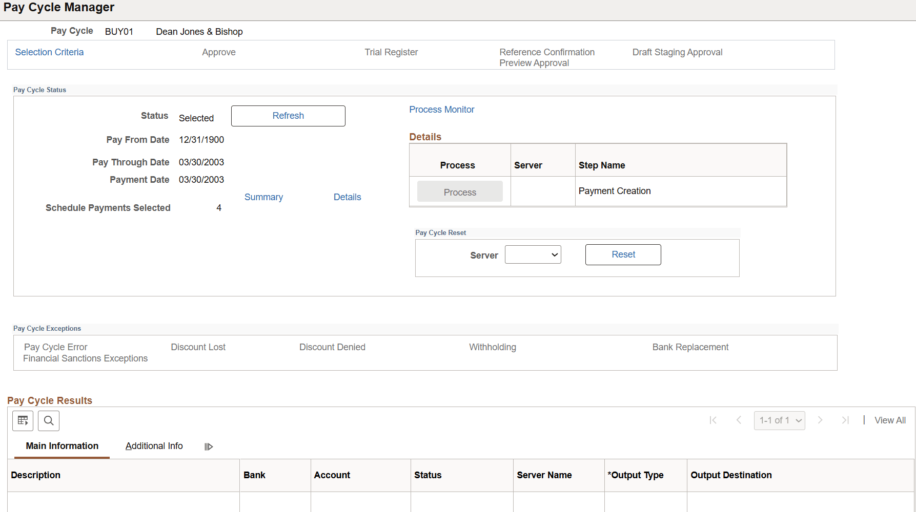 Pay Cycle Manager page before processing payment selection and creation