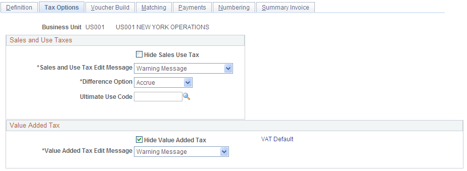 Payables Definition - Tax Options page