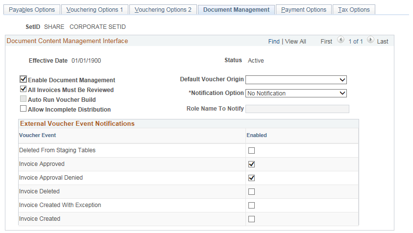 Payables Options – Document Management page