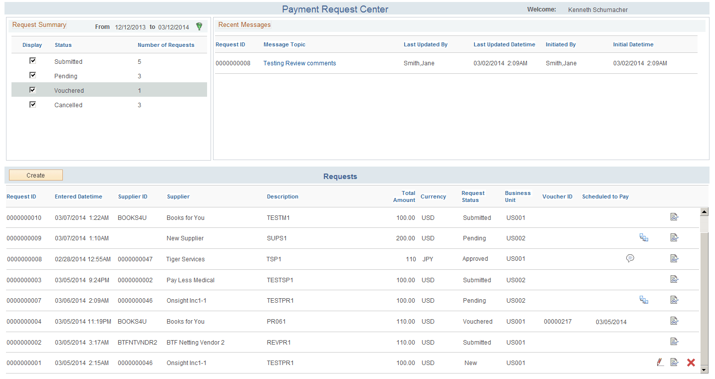 Payment Request Center page