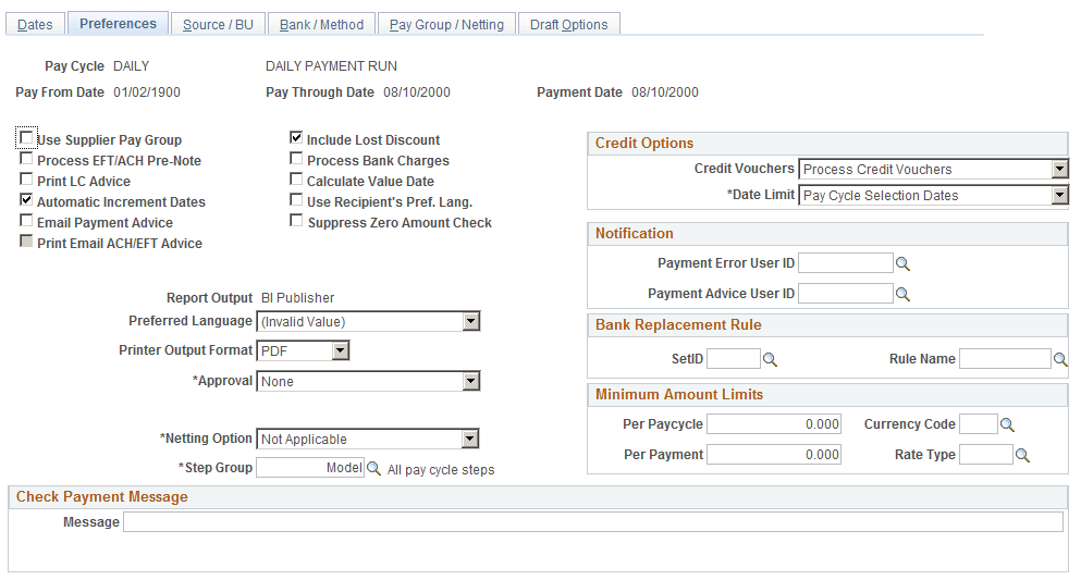 Payment Selection Criteria - Preferences page
