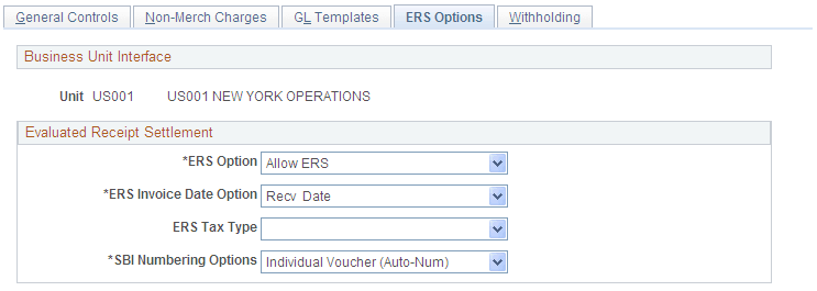 Procurement Control - ERS Options page