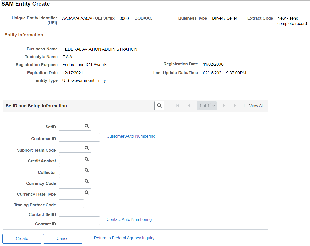 SAM Entity Create Customer