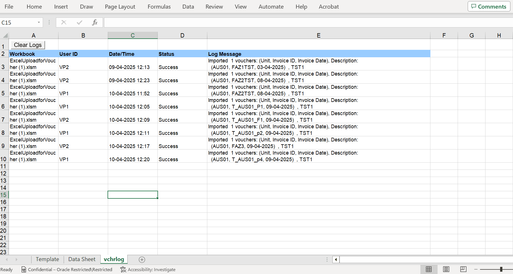 Spreadsheet Voucher - vchrlog