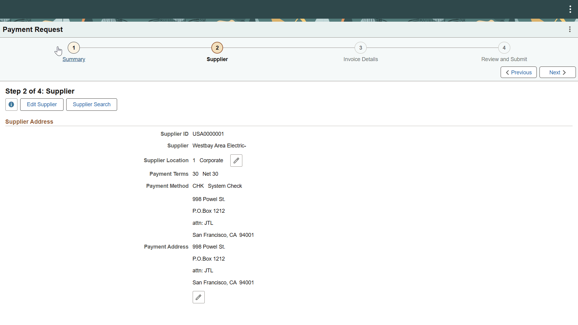 Supplier Address Payment Request Page