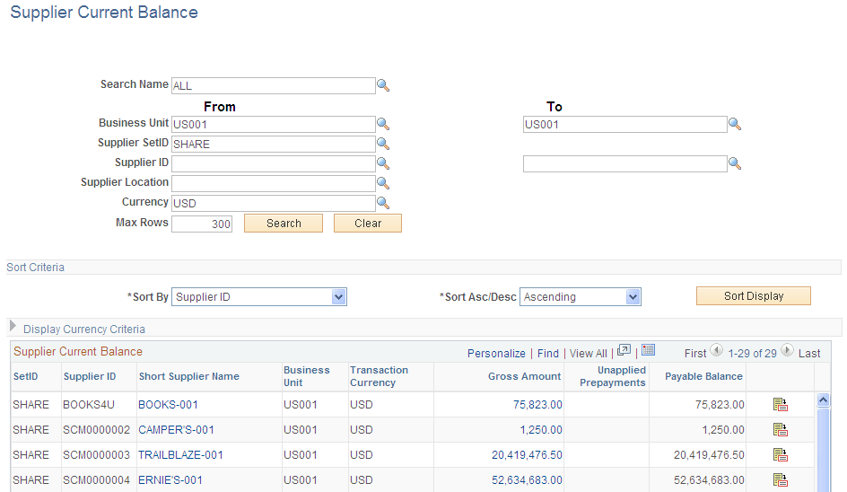 Supplier Current Balances page