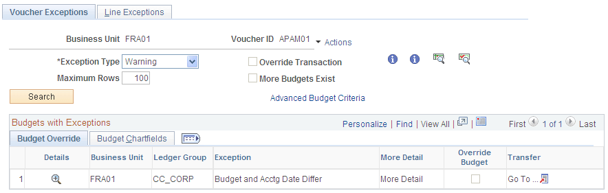 Voucher Exceptions page Voucher Exceptions page