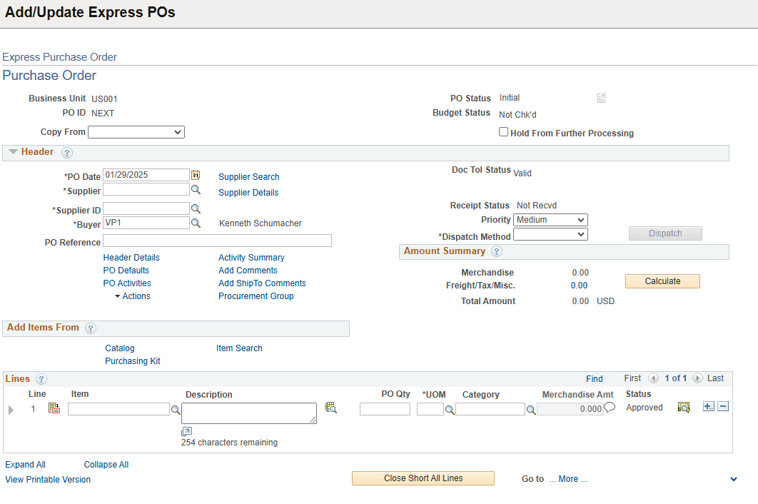 Express Purchase Order - PO page Express Purchase Order - PO page