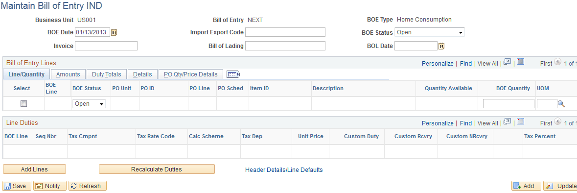 Maintain Bill of Entry IND page Maintain Bill of Entry IND page