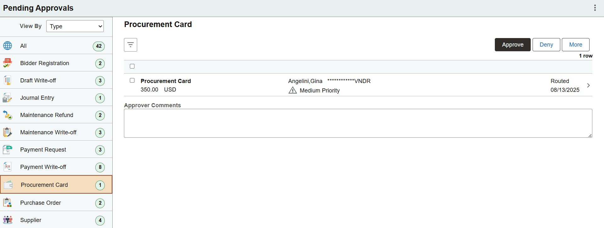 Pending Approvals - Procurement Card page Pending Approvals - Procurement Card page